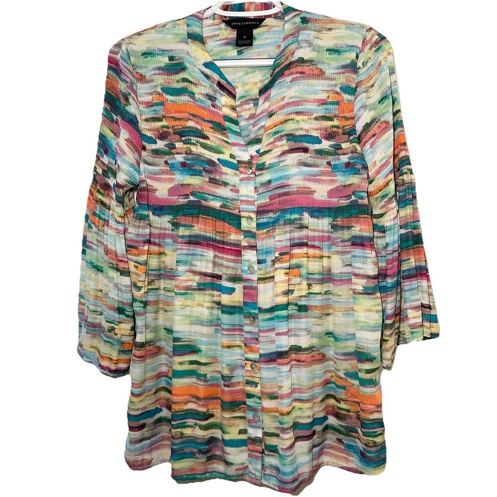 Investments Abstract Watercolor Tunic Blouse 3/4 Sleeve Small Artsy Pleated